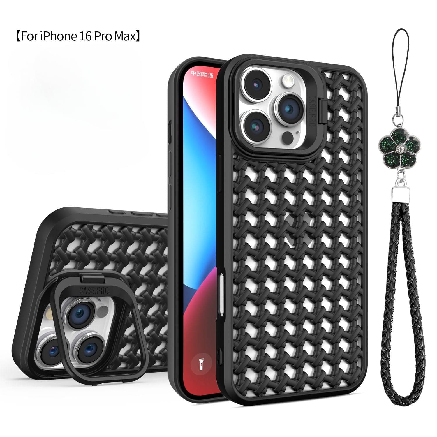 Breathable mesh case for iPhone 16 Pro Max with a matching camera stand, shockproof TPU cover, and a detachable anti-drop wrist strap featuring a green four-leaf clover charm.