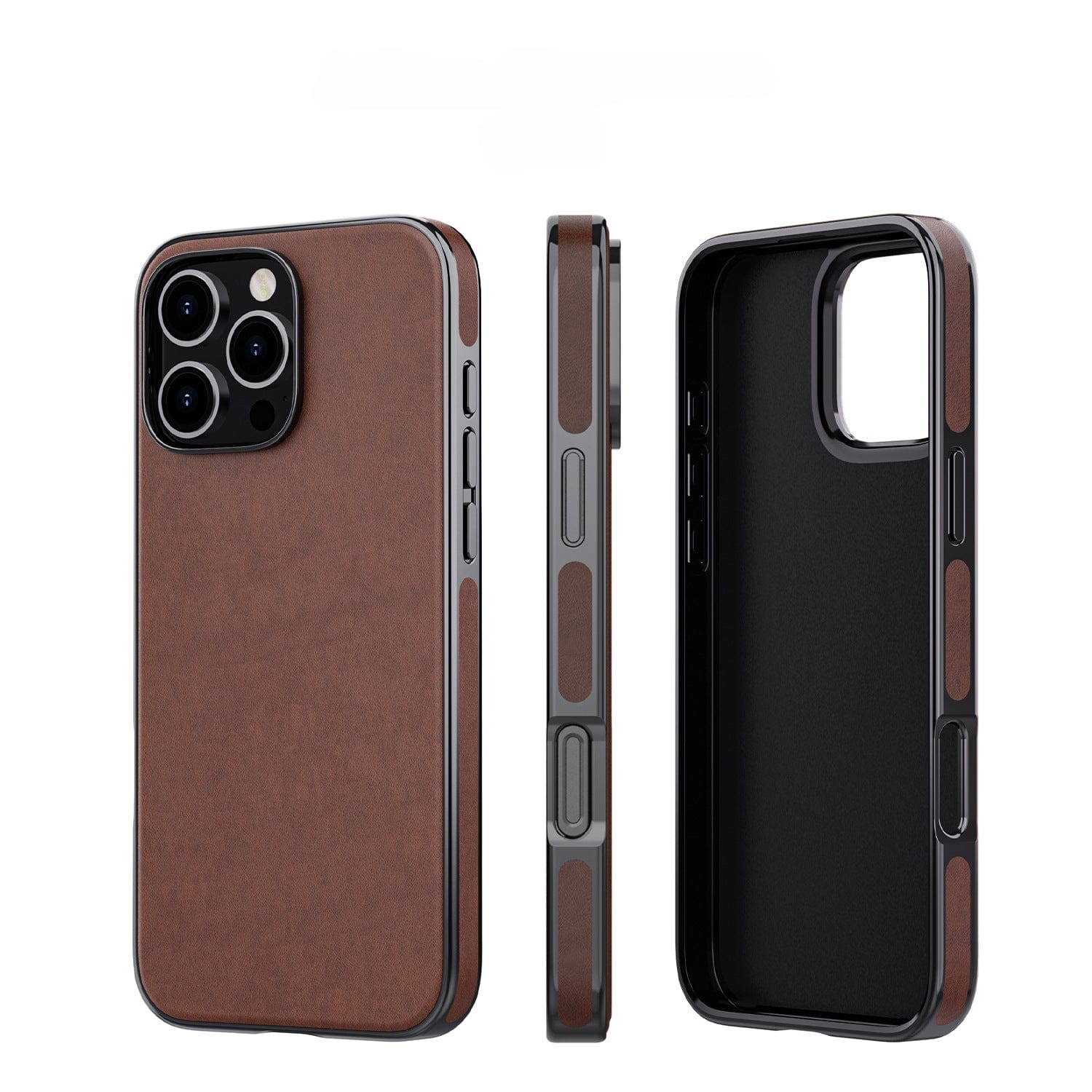 Three views of a brown Luxury PU leather iPhone 16 Pro Max MagSafe case designed for a device with three rear cameras. The front and back views are shown, one with the phone inside and one without. The electroplated bumper adds durability.