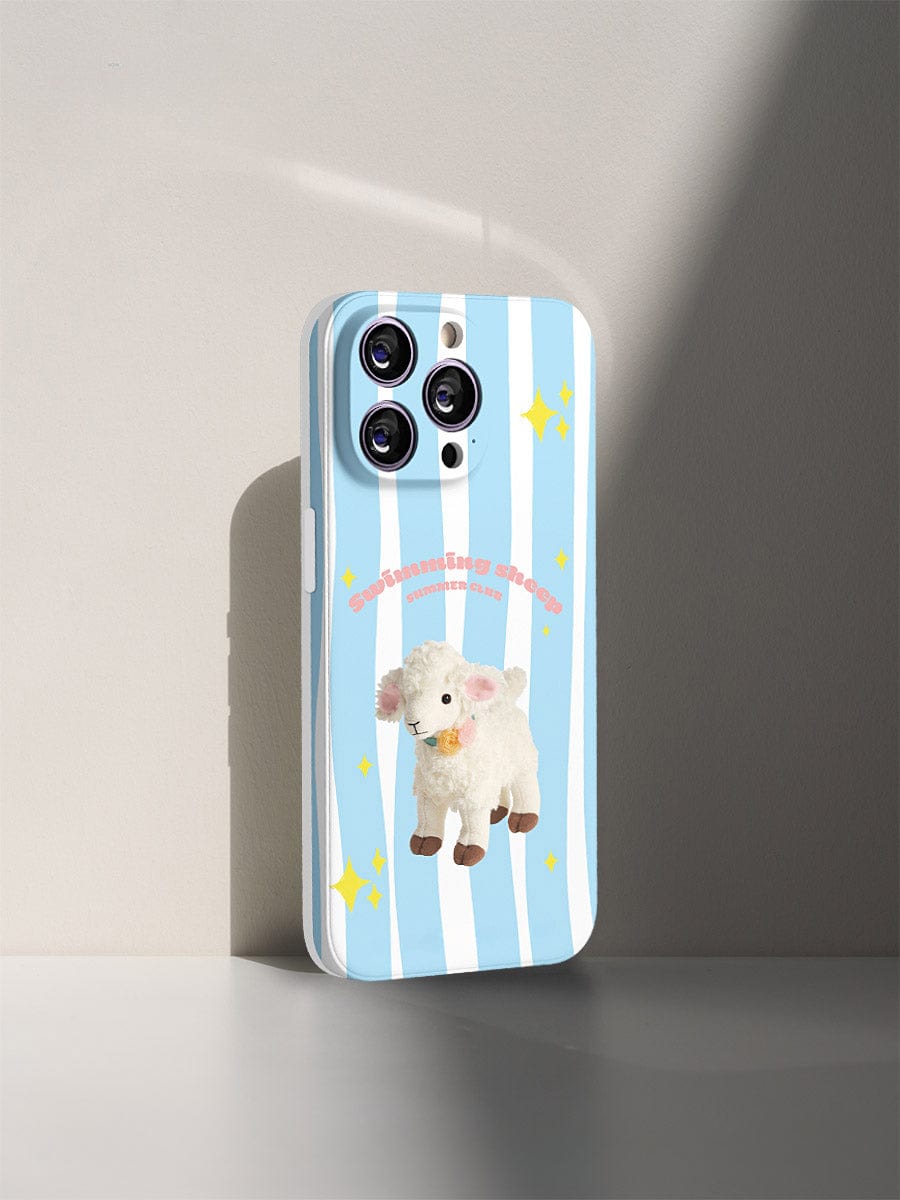 The Swimming Sheep iPhone 16 Pro Max Case features a cute striped design in blue and white, showcasing a cartoon lamb adorned with yellow stars, standing upright against a light gray background. This fun, all-inclusive protective cover marries playful aesthetics with robust protection for your device.