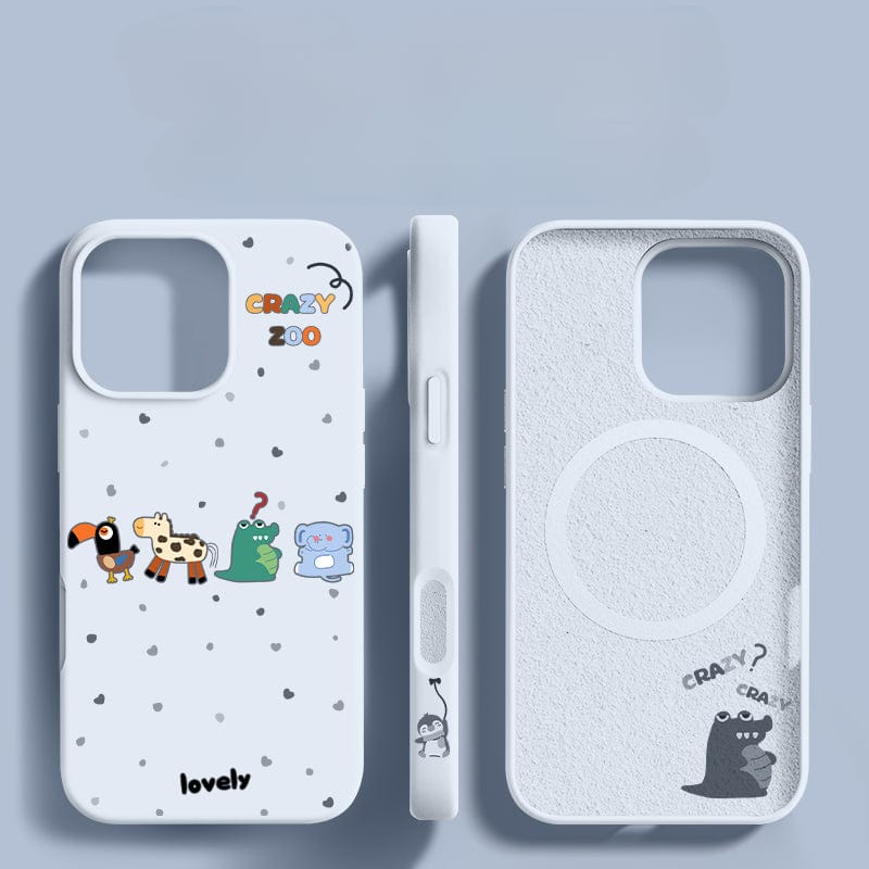 Three views of the iPhone 16 Pro Max Crazy Zoo Case reveal a white phone case featuring "Crazy Zoo" text and cartoon animals on the back, a side view showing a button, and the inside with a minimalist design and magnetic charging circle. Made with premium liquid silicone, it offers shockproof protection.