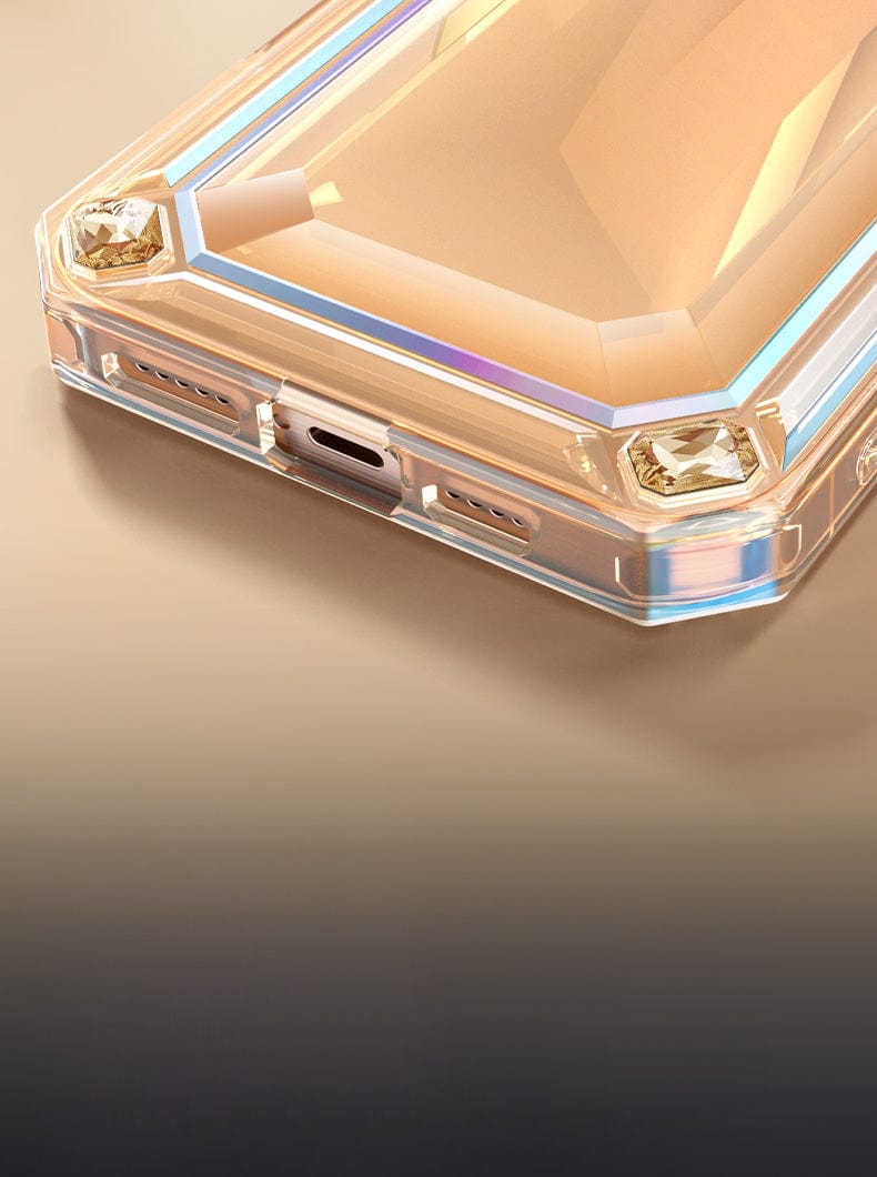 A close-up image of the iPhone 16 Pro Max Case - Shockproof 360° Clear Anti-Fall Protective Cover with 3D Gem Design, showcasing its geometric crystal details and precise openings for the charging port and speakers. The case boasts a reflective, gold-toned finish and features a unique 3D gemstone button design, providing both superior anti-fall technology and impeccable style.