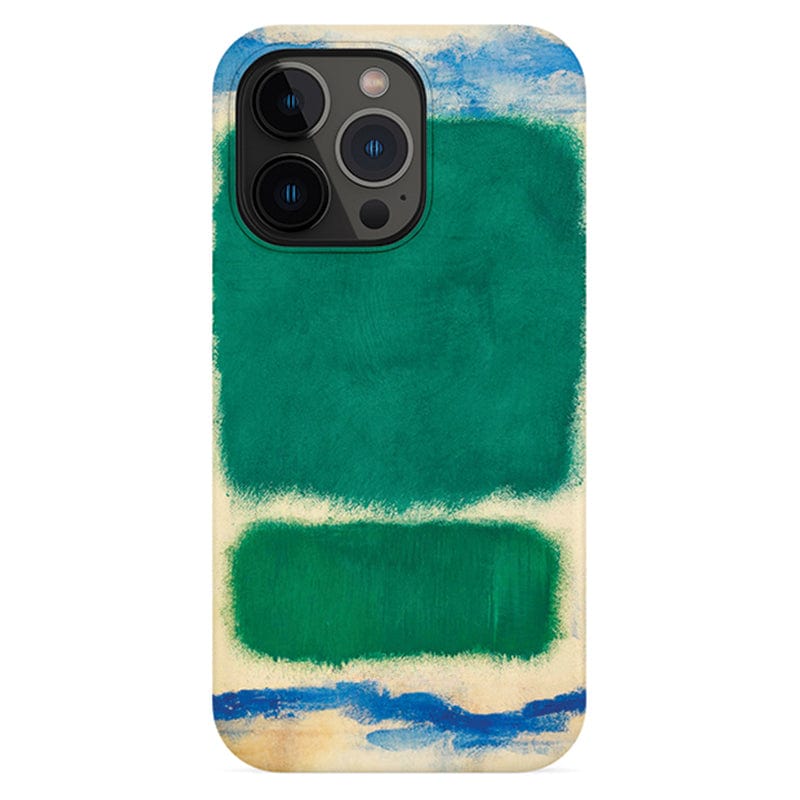 Introducing the Abstract Color Block iPhone 16 Pro Max Case: a modern art-inspired, minimalist design featuring two green rectangular shapes, one large and one small, on a white background. The case is adorned with a blue wavy line at the bottom edge and a blue smudge at the top edge, creating a contrasting and vibrant look that offers full protection for your iPhone 16 Pro Max.