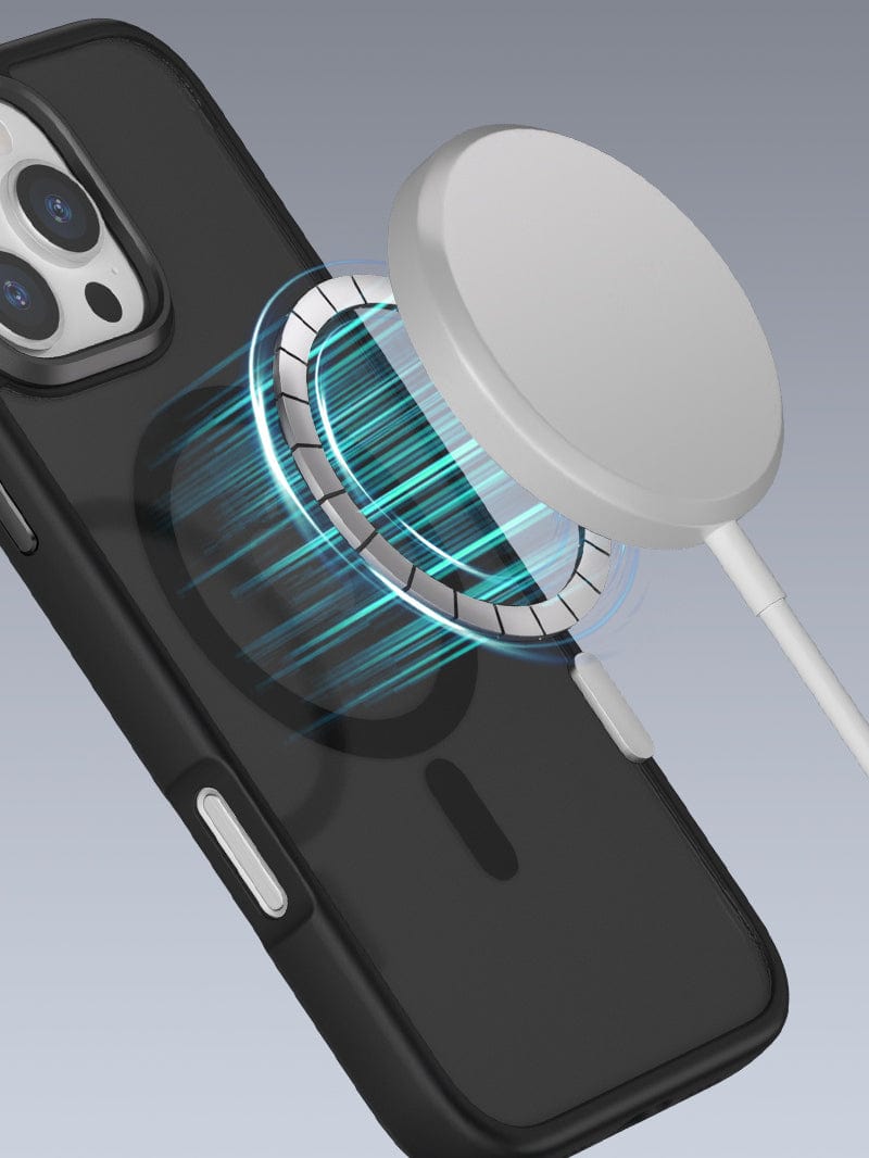 The iPhone 16 Pro Max MagSafe Case, featuring the Golden Shield design with anti-fingerprint and shockproof protection, is depicted with a wireless charging pad hovering close to the back of the smartphone. Blue energy lines connecting the two devices emphasize its seamless MagSafe compatibility, while an aluminum alloy camera frame provides additional durability.