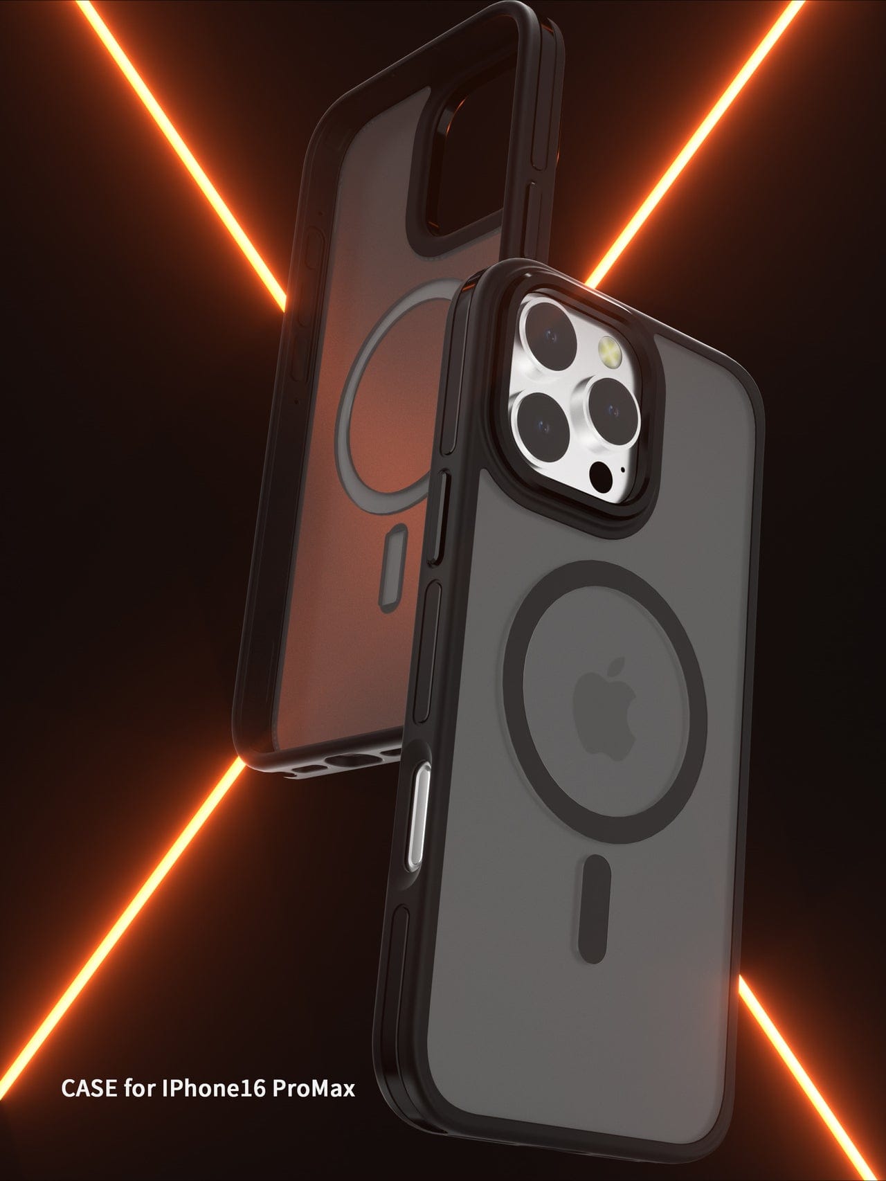 Two Soft-Touch iPhone 16 Pro Max Cases with MagSafe, featuring a dual-color TPU design and shockproof protection, hover against a dark background with orange intersecting light beams.