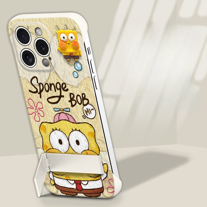 A vibrant iPhone 16 Pro Max Ultra-Thin Frameless Case in pink and yellow, featuring a cartoon design of SpongeBob SquarePants with the text "Sponge BOB" and a small Patrick figure on top. The case also includes a convenient foldable stand.