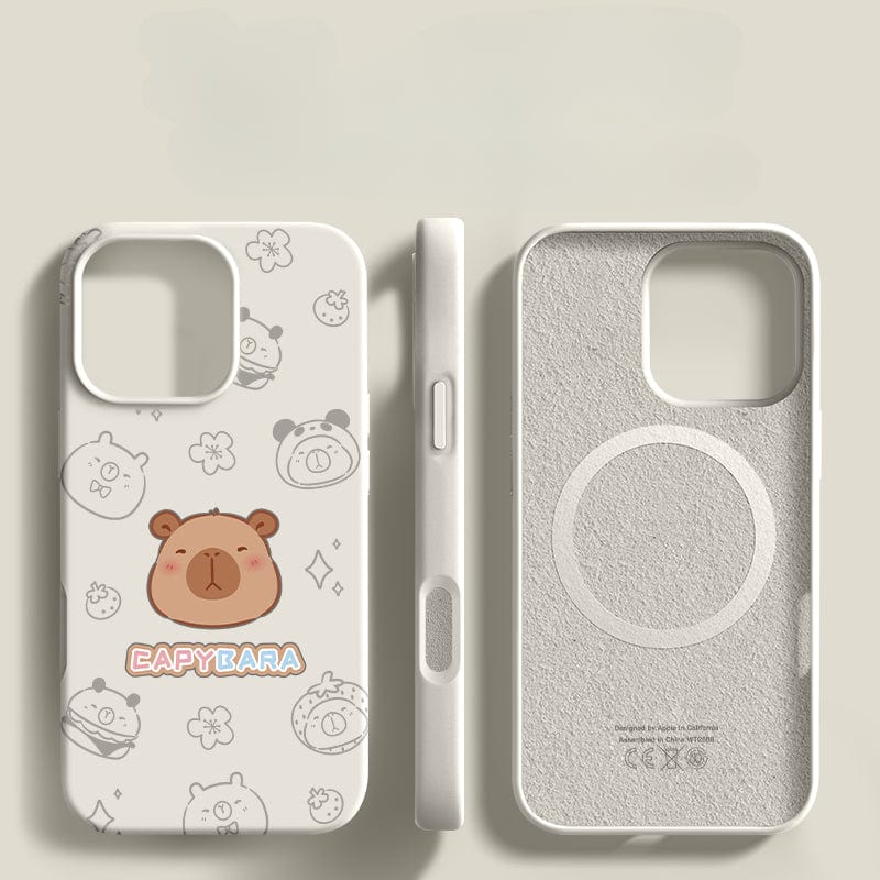 Introducing the iPhone 16 Pro Max Case - a Cute Capybara Silicone Protective Cover featuring an adorable capybara cartoon design and the "Capybara" text in pastel colors. This case, shown from three angles (back, side, and front), includes a built-in MagSafe ring on the inside and offers comprehensive protection with its shockproof triple-layer structure and anti-fingerprint coating.