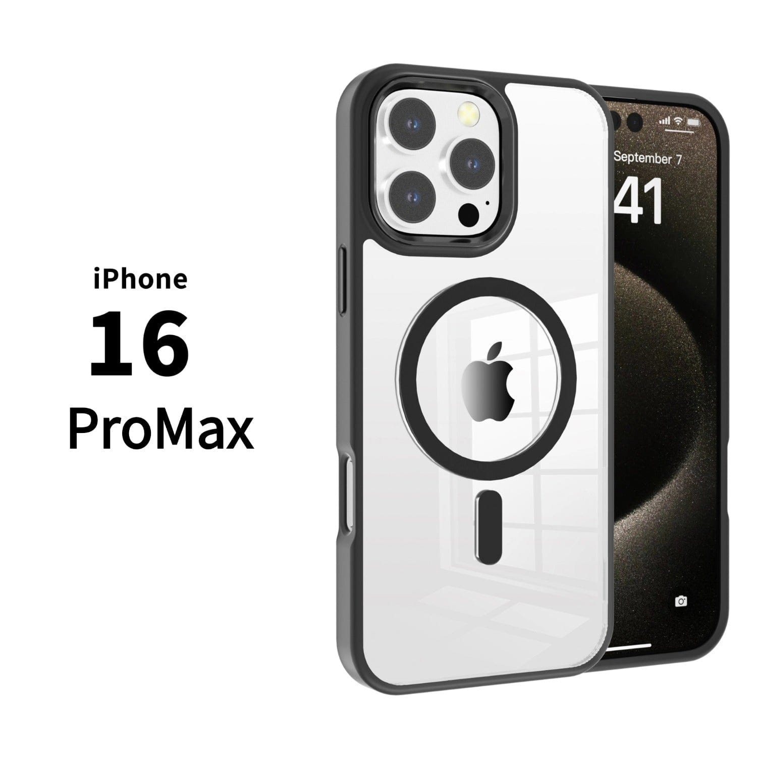 Image of an iPhone 16 Pro Max with a MagSafe Compatible iPhone 16 Pro Max Case featuring a clear back and TPU bumper, displaying the Apple logo on the back. The screen shows the date September 7 and the time 4:41.