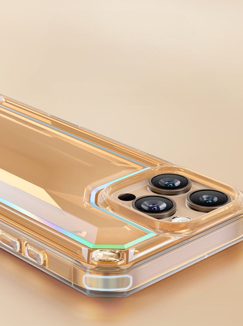 A close-up of the iPhone 16 Pro Max Case - Shockproof 360° Clear Anti-Fall Protective Cover with 3D Gem Design, showcasing its transparent, iridescent beauty. The phone's triple camera lenses and side buttons are clearly visible, highlighting its sleek build. The case provides comprehensive 360° protection with advanced anti-fall technology. The background is a soft beige color.