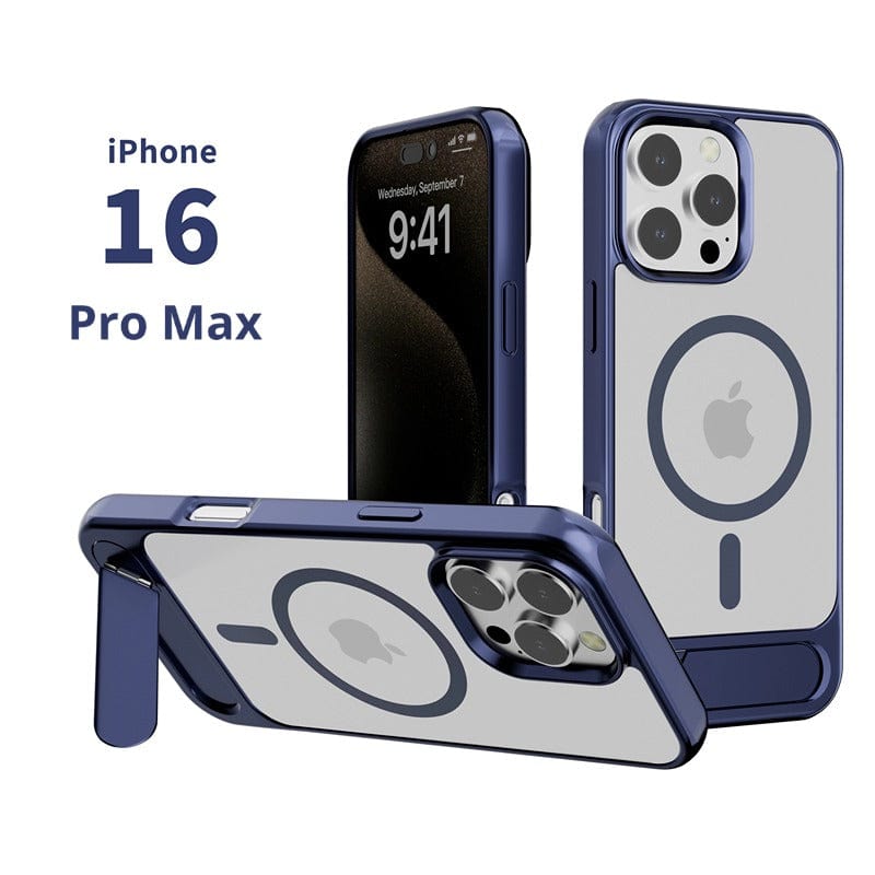 The iPhone 16 Pro Max is shown in front and back views, highlighting its triple-camera setup. It features an elegant blue MagSafe-compatible case with a kickstand, designed for a slim protective fit. The sleek metallic ring design on the back adds to its stylish appearance while offering magnetic adsorption functionality.