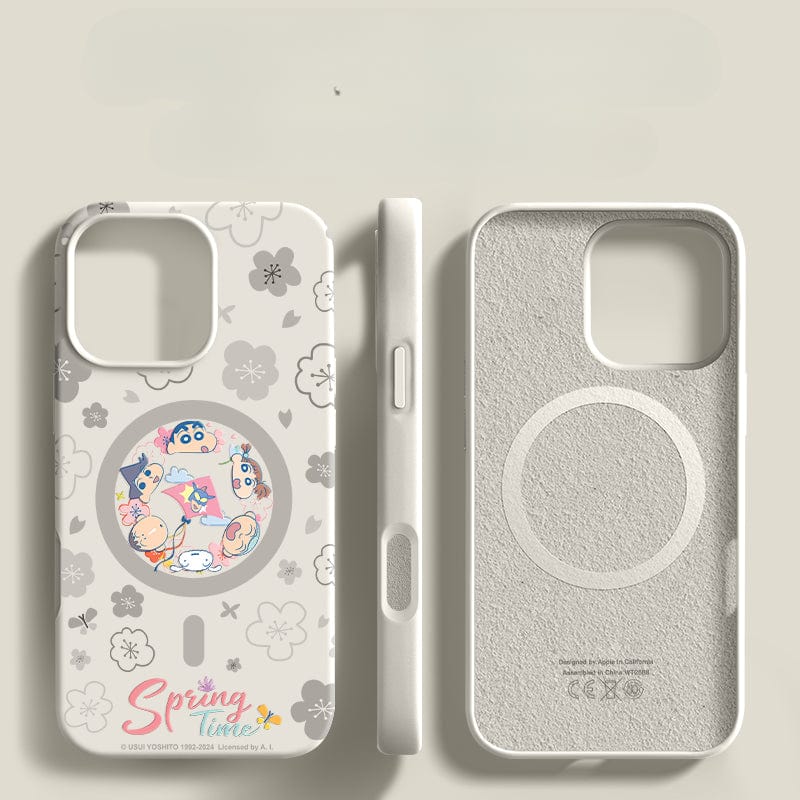 The iPhone 16 Pro Max Case - Spring Time Cartoon Silicone Protective Cover with Shockproof Design and Anti-Yellowing Coating showcases a spring-themed design, featuring a circle of cartoon characters surrounded by flowers, along with "Spring Time" text at the bottom. The triple-layer shockproof protection ensures durability. Front and back views are displayed on a plain background.