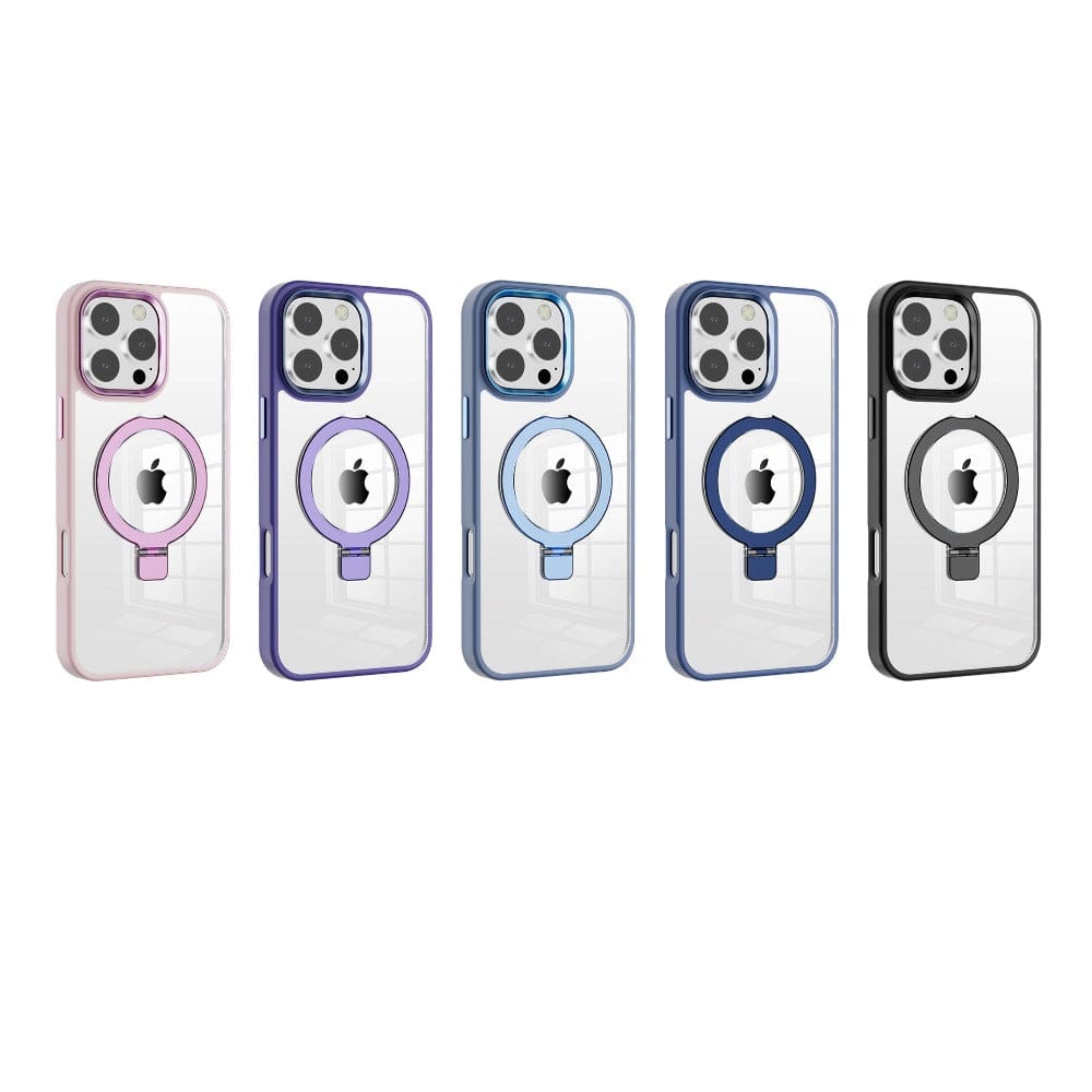 Five iPhone 16 Pro Max cases with ring holders, featuring MagSafe compatibility and a clear back cover with TPU bumpers, displayed in a row with each in different colors: pink, purple, light blue, dark blue, and black.