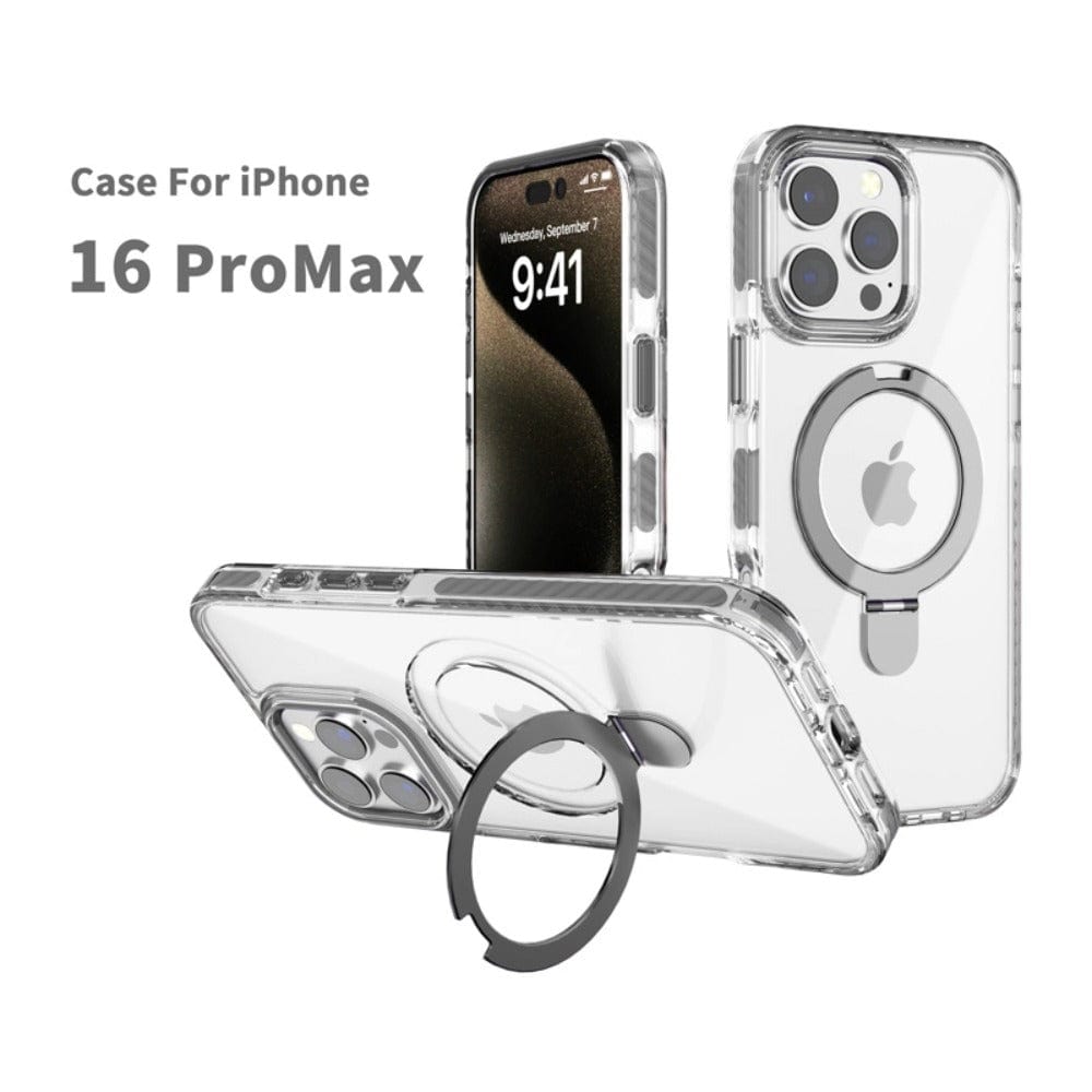 iPhone 16 Pro Max Clear Case with Ring Holder, featuring a high-gloss finish and shockproof protection, shown from different angles. MagSafe compatible.