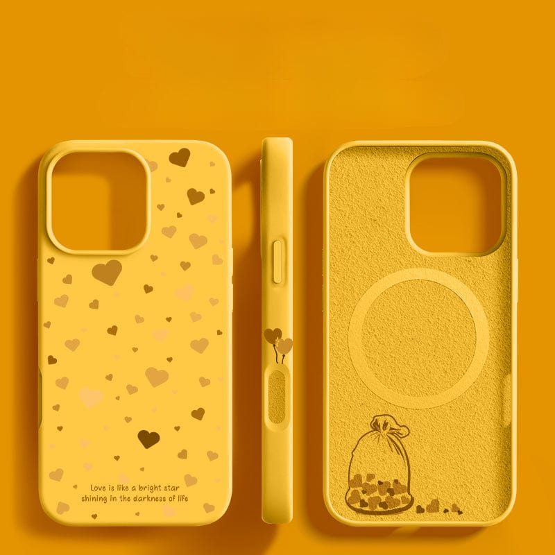 Three views of the iPhone 16 Pro Max Case - Soft Liquid Silicone Protective Cover with a minimalist design featuring small hearts and a bag of hearts in yellow. Made from food-grade silicone, this dust-resistant, shockproof case bears the text, "Love is like a bright star shining in the darkness of life.