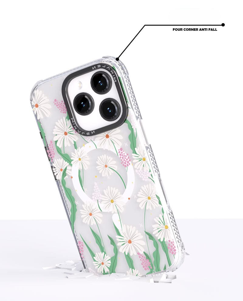 Introducing the Floral MagSafe iPhone 16 Pro Max Case, a shockproof clear cover with a stunning 3D flower design featuring daisies. This TPU + PC protective shell showcases four-corner anti-fall and shockproof protection.