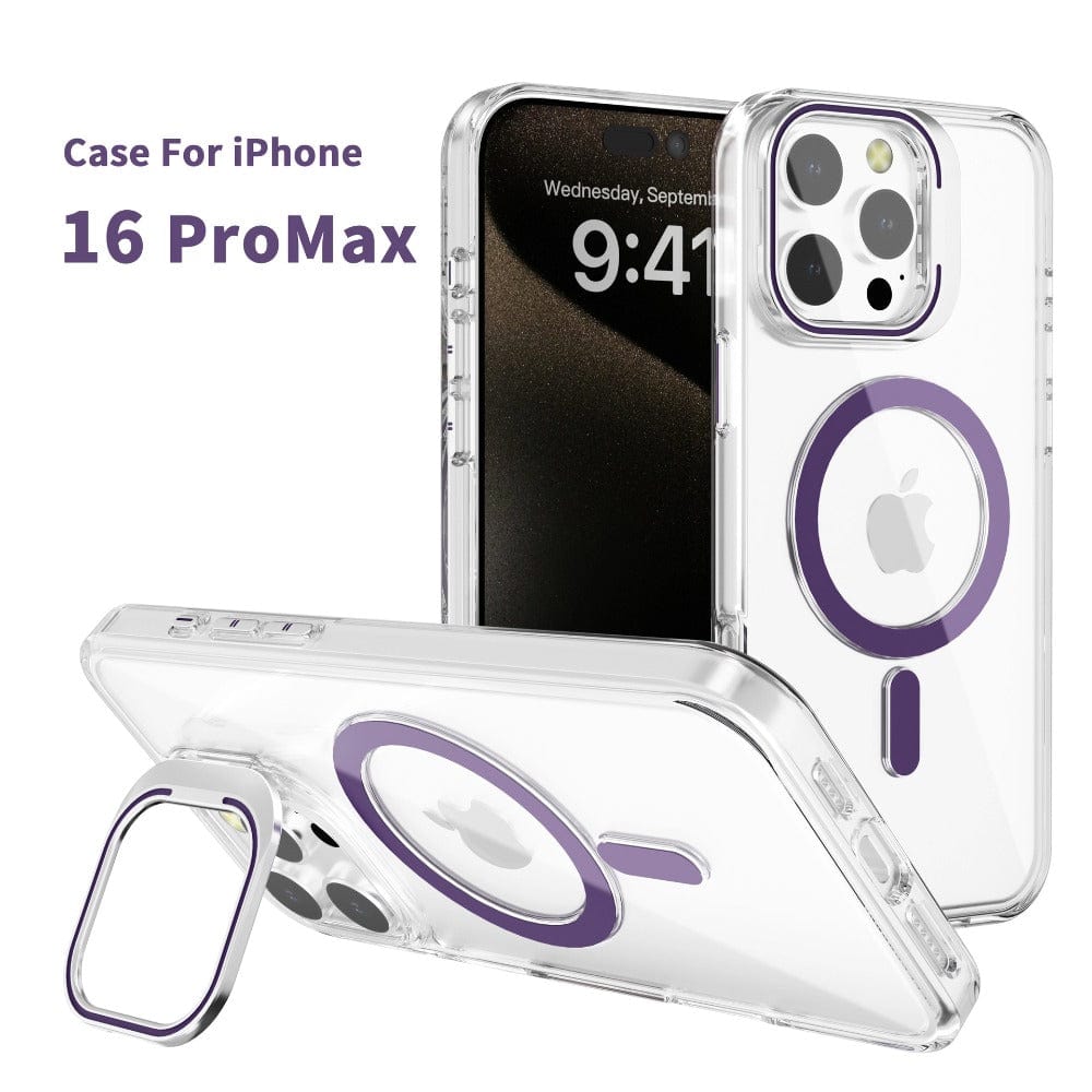 Introducing the iPhone 16 Pro Max Clear Case with Kickstand, featuring a sleek design with purple accents and a MagSafe-compatible magnetic ring. This transparent protective cover ensures both protection and style, with precise cutouts for the camera, buttons, and charging port. Displayed front and back, text reads "Case For iPhone 16 ProMax.