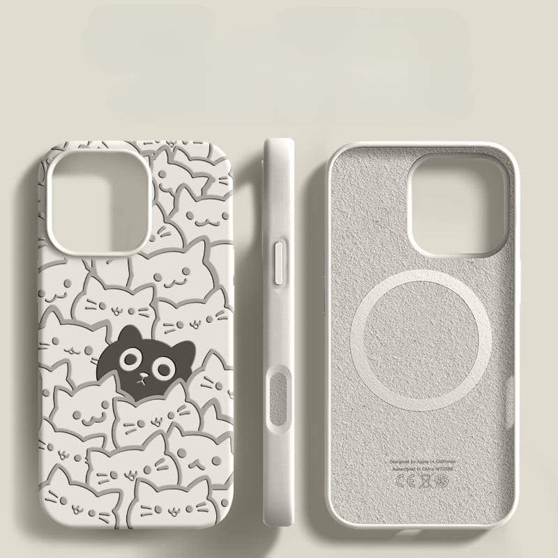 The iPhone 16 Pro Max Cute Cat Pattern Case features a playful design with multiple white cat faces and one black cat face. This adorable, cat-themed case is made from premium liquid silicone and offers triple-layer shockproof protection. The product images showcase the case from three different angles: front, side, and interior. It's also anti-dust and washable for added convenience.