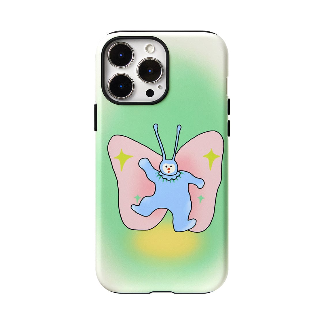 A Golden Sunset MagSafe iPhone 16 Pro Max case featuring a whimsical illustration. The case shows a butterfly with pink wings and a blue body dancing cheerfully, set against an elegant green gradient background. The character has a smiling face and antennas, with tiny yellow stars around it. Additionally, the case includes an all-inclusive protective cover and a convenient ring stand for enhanced functionality.