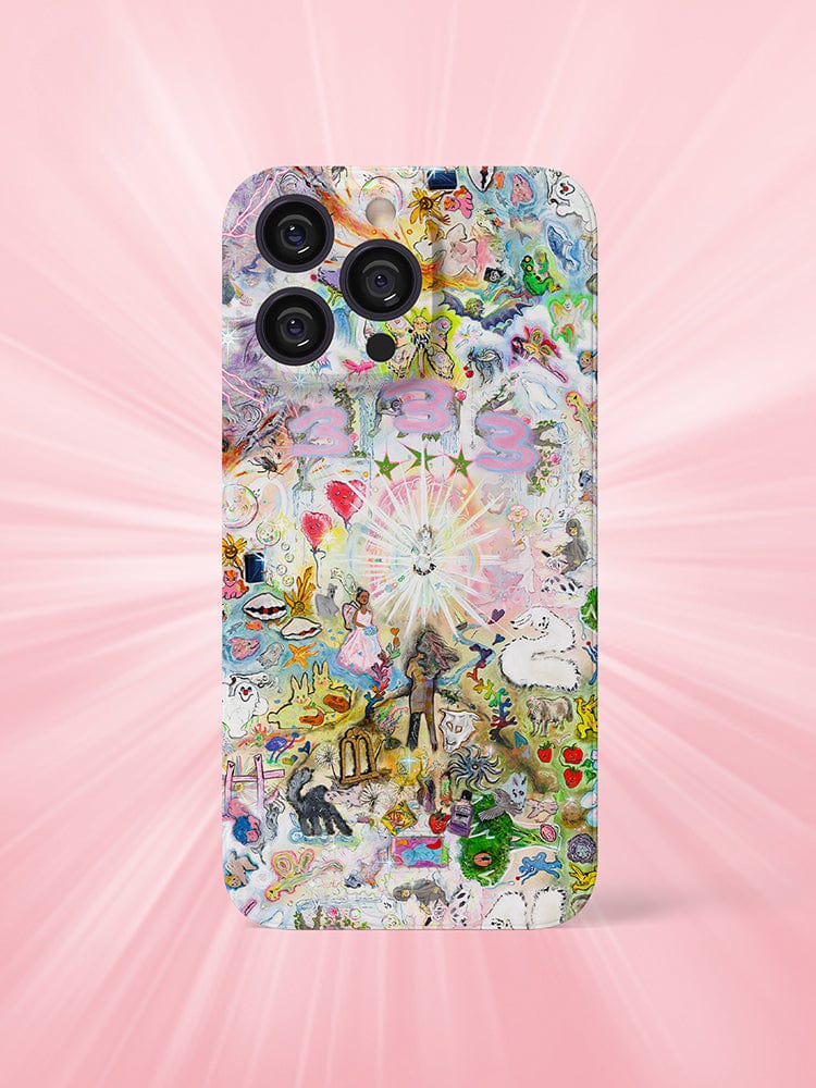 The Whimsical Dreamscape iPhone 16 Pro Max Case - Fantasy-Inspired Artistic Design boasts a vibrant, colorful design featuring intricate, whimsical art. The soft pink background is accented with radiant white beams, creating a dreamy effect. The artwork showcases various mystical creatures, characters, and abstract elements.