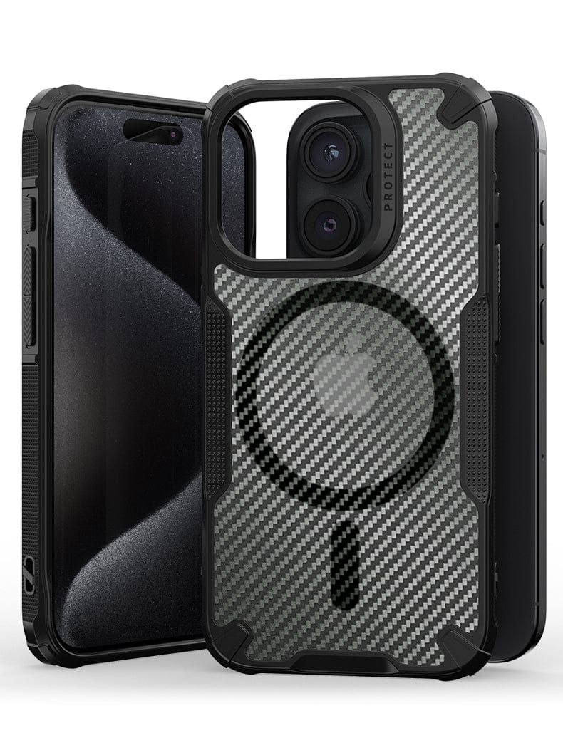 A lightweight MagSafe iPhone 16 Pro Max case in black with a carbon fiber design, precisely tailored with shockproof air cushion and impact-resistant TPU+PC material, featuring exact cutouts for the Apple logo and camera lenses.