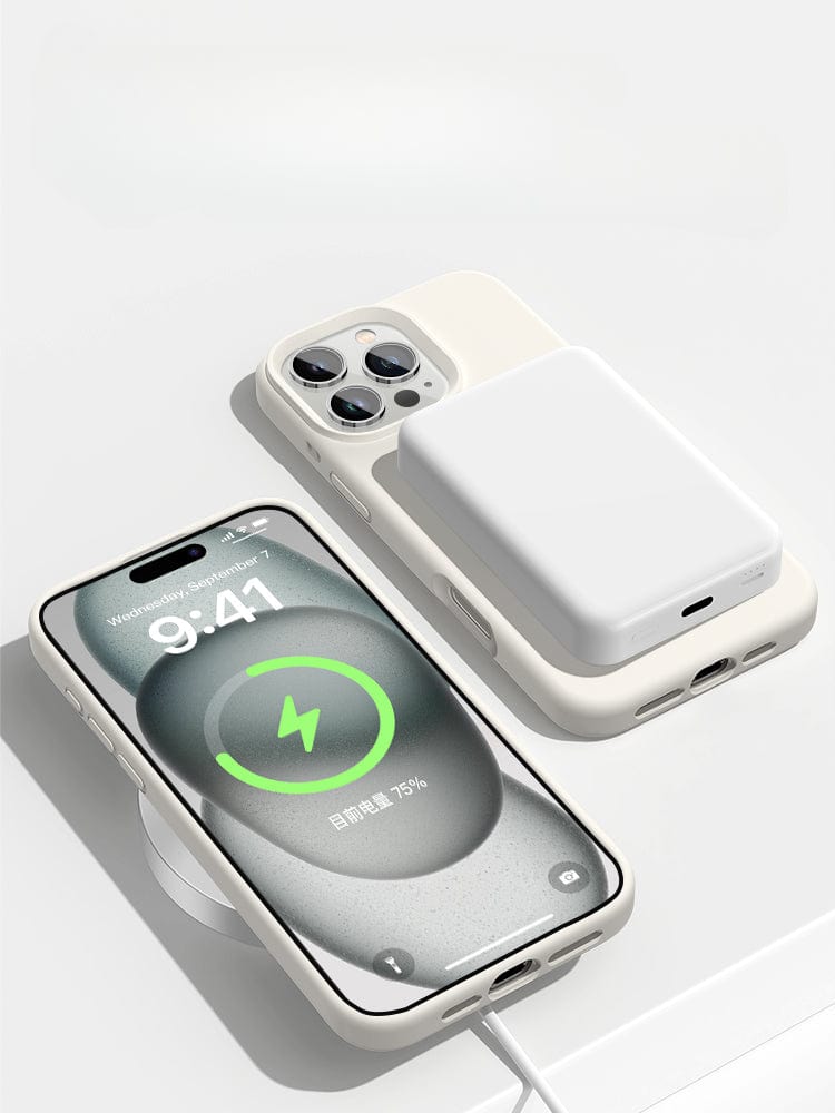 Two iPhone 16 Pro Max smartphones equipped with the Liquid Silicone Kickstand Case featuring a cute cat design are shown. One is lying face up while charging wirelessly with MagSafe compatibility, displaying the time at 9:41 and battery at 75%. The other is lying face down with a charging pack attached to it.