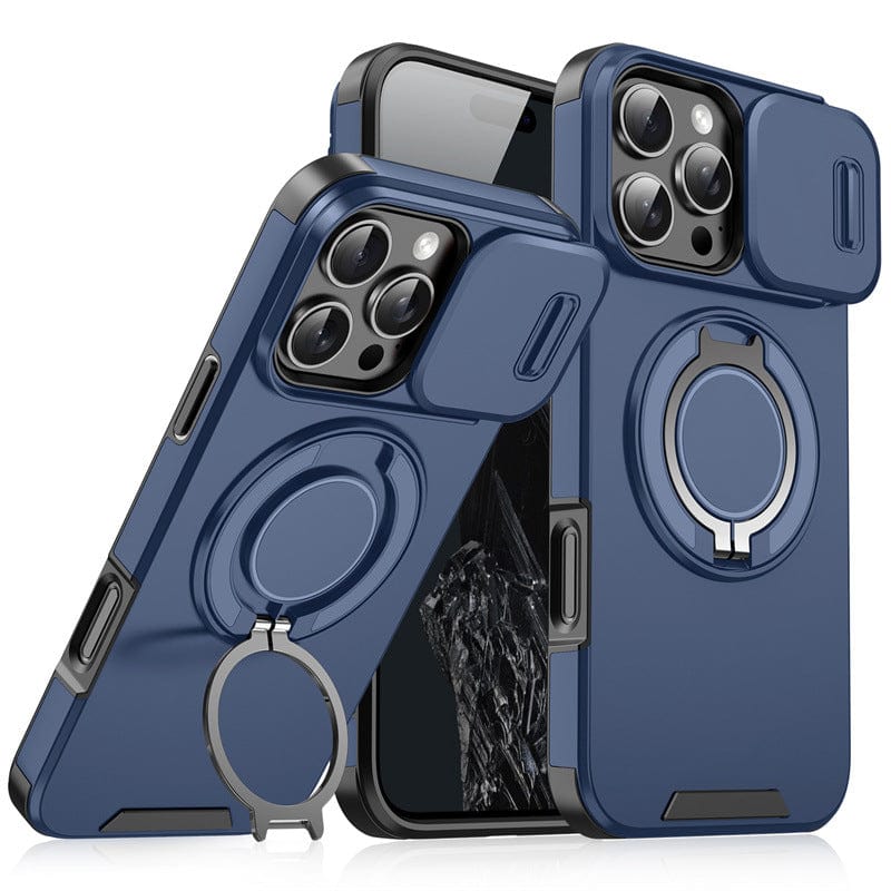 Two durable blue iPhone 16 Pro Max cases, featuring metal rings and sliding camera covers, are shown alongside a black smartphone. They are MagSafe compatible for effortless magnetic attachment.