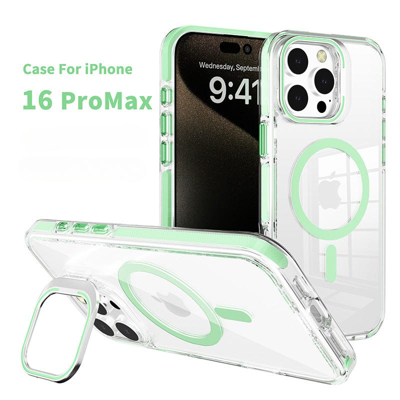 Clear MagSafe iPhone 16 Pro Max case with an acrylic frame stand and green TPU bumper, offering camera protection. The phone display shows the date and time as Wednesday, September 14, 9:41.