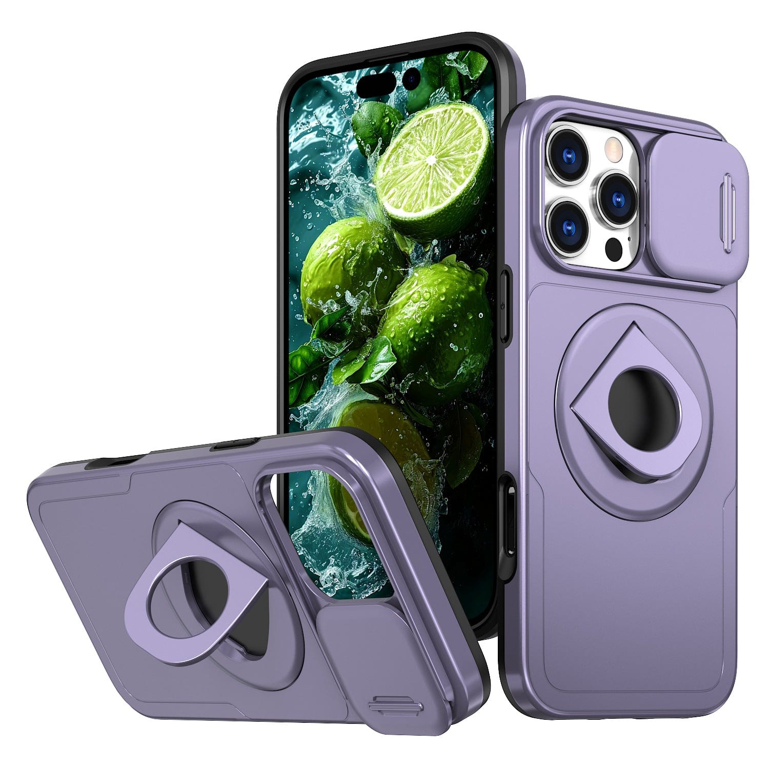 A set of purple iPhone 16 Pro Max cases, featuring front, back, and side views. The case showcases a magnetic ring stand and camera lens protection with a sliding window. Additionally, the phone screen displays an image of limes splashing in water.