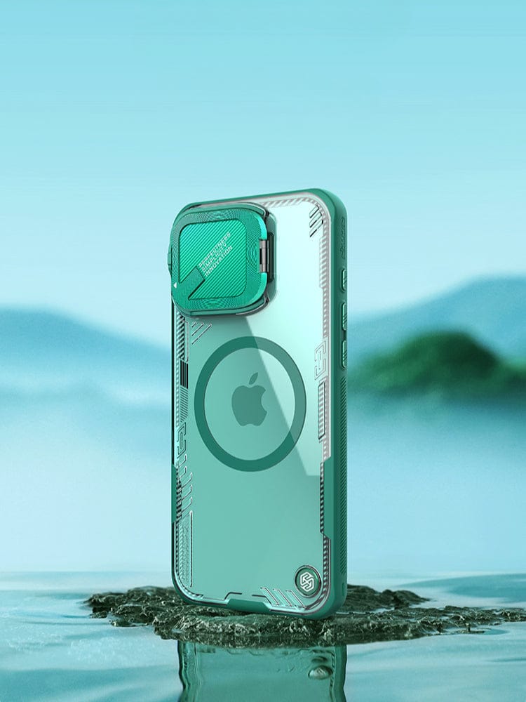 The MagSafe Compatible iPhone 16 Pro Max Case with Camera Cover, made from eco-friendly shockproof TPU, bio-based PC, and aluminum, stands upright on a reflective surface against a blurred green and blue background. The design ensures seamless connection with your accessories.