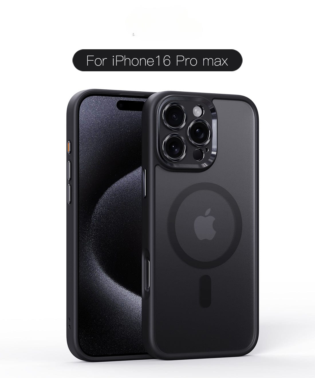 Durable MagSafe iPhone 16 Pro Max Case in black, featuring a transparent back with a circular pattern for MagSafe compatibility, made from TPU+PC material and offering shockproof air cushion and camera protection.