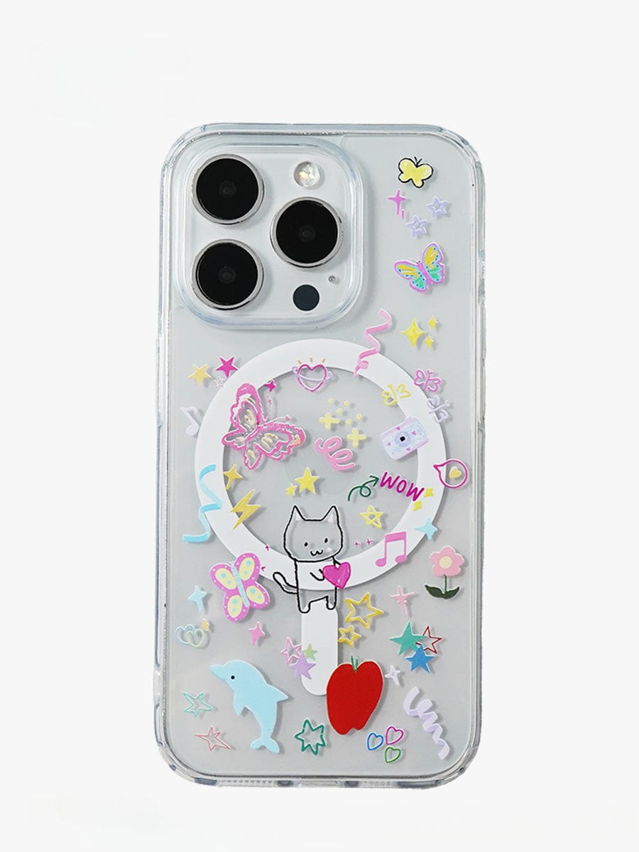 A Whimsical Dreams MagSafe iPhone 16 Pro Max Case featuring a transparent design, embellished with playful stickers such as a cat holding a heart, stars, butterflies, music notes, and a dolphin.