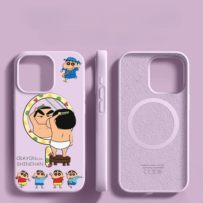 The iPhone 16 Pro Max Crayon Shinchan Case features cute cartoon illustrations of Crayon Shinchan performing various actions, including cooking, wearing a hat, and standing in different poses. Made from premium liquid silicone with triple-layer shockproof protection, the text on the case reads "CRAYONS by SHINCHAN.