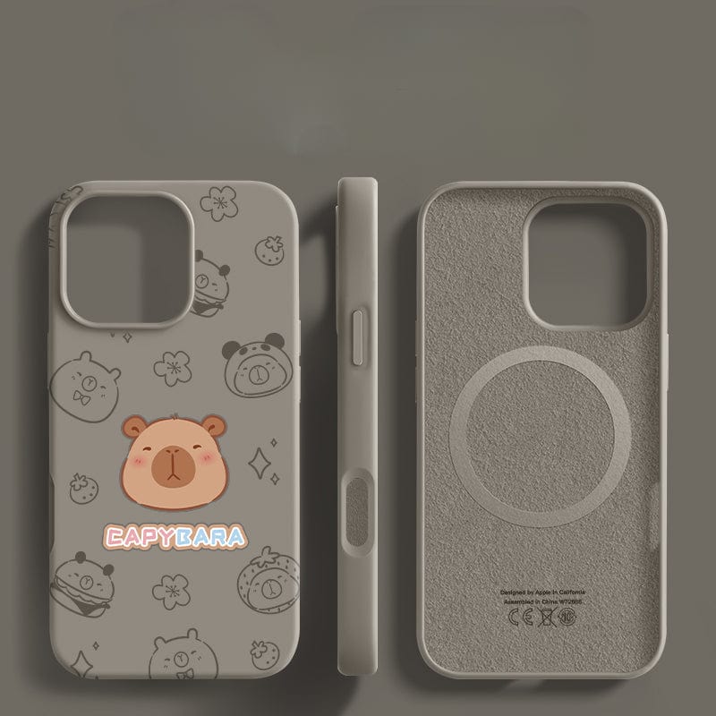 A green "iPhone 16 Pro Max Case - Cute Capybara Silicone Protective Cover with Shockproof Triple-Layer Design and Anti-Fingerprint Coating," featuring cartoon capybara designs, including a larger capybara illustration labeled "CAPYBARA." The case is shown from three angles: front, side, and inside.