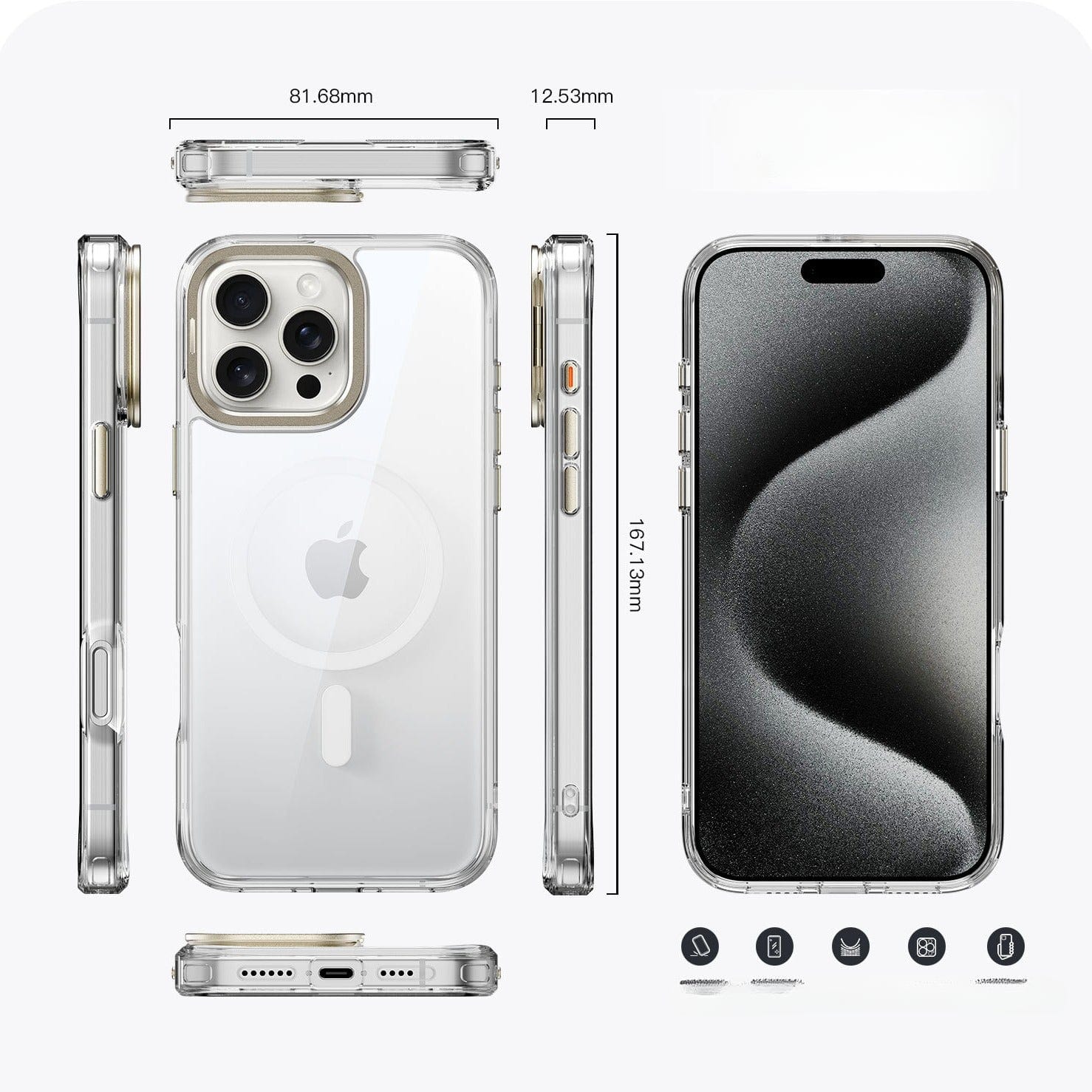 The Clear MagSafe iPhone 16 Pro Max Case with Metal Camera Bracket - constructed from TPU+PC material and offering both anti-scratch and drop protection - is displayed on a gold iPhone 16 Pro Max. The device dimensions are 81.68mm in width, 167.23mm in height, and 12.53mm in thickness. The images include front, back, top, bottom, and side views of the phone and case together.