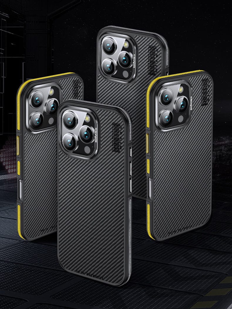 Four iPhone 16 Pro Max N52 Magnetic MagSafe cases, featuring a carbon fiber pattern with yellow accents, are crafted from 600D Aramid Fiber and designed with triple-lens camera cutouts. They are displayed upright on a dark, futuristic background.