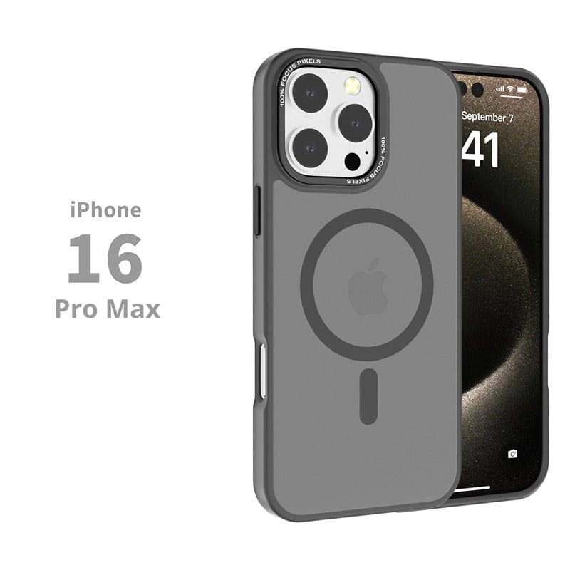 A black iPhone 16 Pro Max, enclosed in a stylish MagSafe iPhone 16 Pro Max case with a soft-touch finish and circular design on the back, displays the time and date on the screen and text reading "iPhone 16 Pro Max".