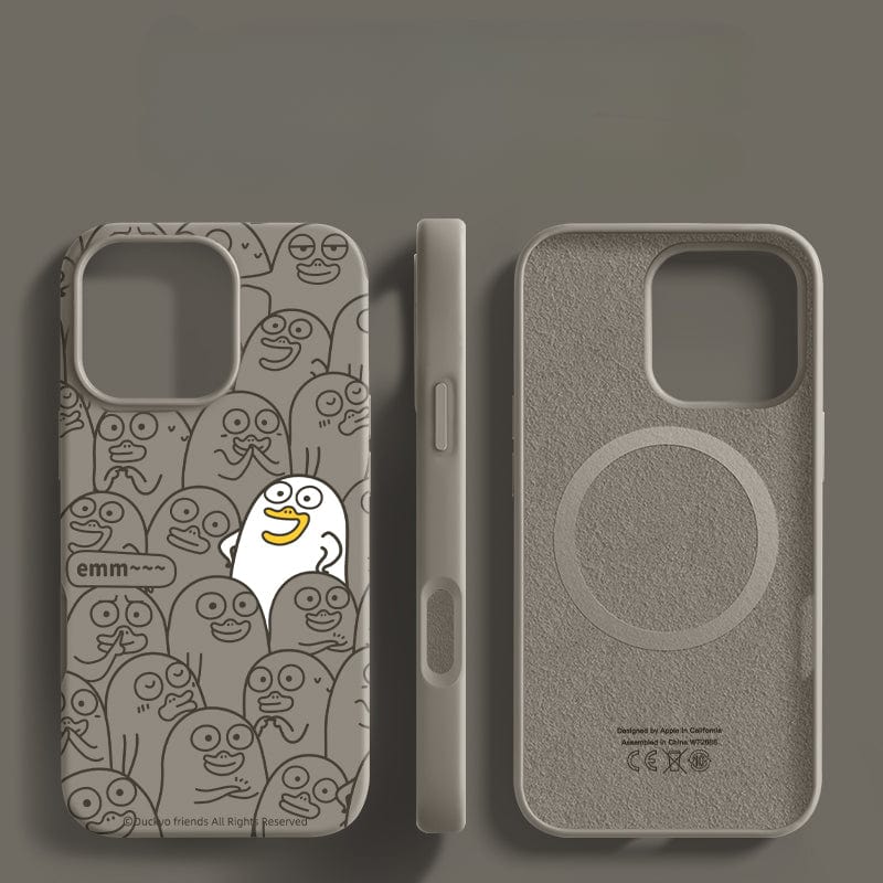 The iPhone 16 Pro Max Case - Emm Duck Cartoon Silicone Protective Cover showcases cartoon characters on the back, including a standout character highlighted in white saying "emm~~". Enhanced with an Emm Duck pattern and triple-layer shockproof technology, it perfectly blends style with durability.