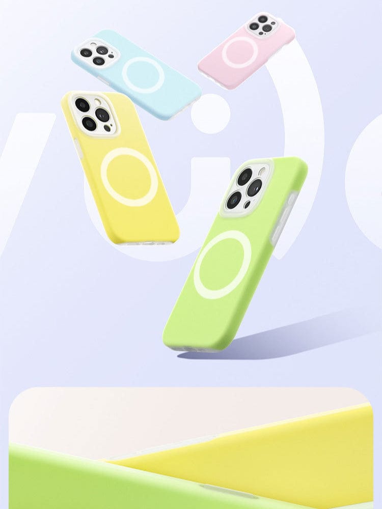 Four iPhone 16 Pro Max cases with colorful designs in yellow, blue, green, and pink are floating in mid-air. The MagSafe Compatible iPhone 16 Pro Max Cases feature large circular designs on their crystal clear, jelly-like backs. Another close-up of the green and yellow cases is visible.