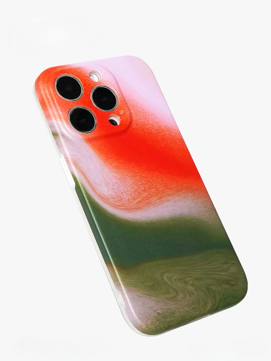 Sunset Swirl iPhone 16 Pro Max Case features an abstract gradient design in red, white, and green swirls on the back cover, accommodating three camera lenses and a flash. This stylish all-inclusive protective cover is perfect for your phone.