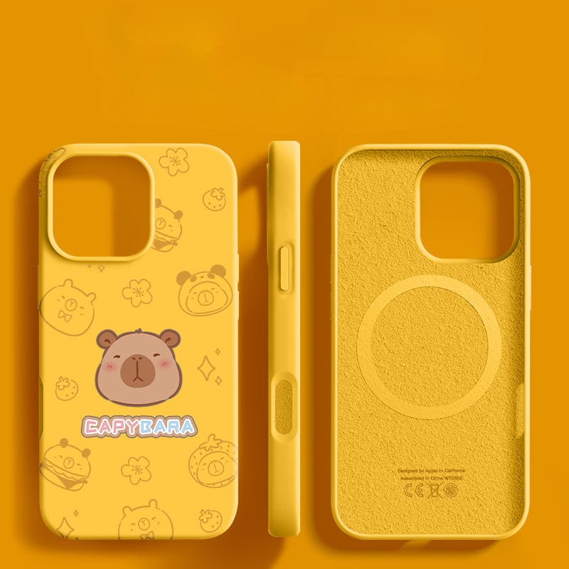 Yellow iPhone 16 Pro Max case - Cute Capybara Silicone Protective Cover with Shockproof Triple-Layer Design and Anti-Fingerprint Coating, featuring a charming capybara cartoon design. The central illustration shows a large capybara with the text "CAPYBARA," surrounded by smaller capybara drawings. Case is shown from multiple angles.