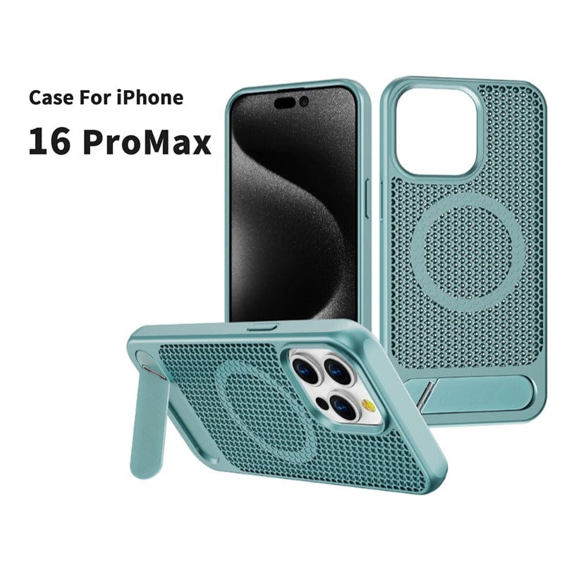 The iPhone 16 Pro Max Case with Kickstand features a Honeycomb Heat Dissipation Design and sleek circular pattern. It's shown from various angles both with and without the iPhone 16 Pro Max inside, highlighting its MagSafe compatibility, TPU+PC hybrid construction, and metal buttons.