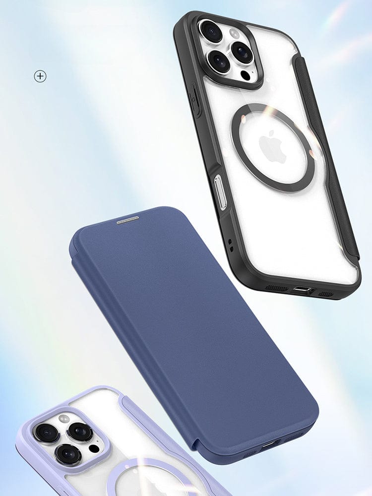 A smartphone in the iPhone 16 Pro Max Wallet Case with RFID Protection and MagSafe - Premium Leather Flip Cover, featuring a lavender hue, with a clear back and an attached cover. Two credit cards are visible in the card slots inside the cover. The case also boasts MagSafe compatibility for effortless charging.