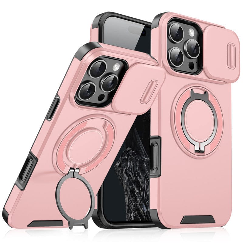 Two pink iPhone 16 Pro Max cases with metal rings and sliding camera covers are displayed—one attached to a phone and one shown separately. The phone on the left shows a cracked screen. These MagSafe-compatible, shockproof cases boast airbag protection and an invisible stand, offering both style and durability.