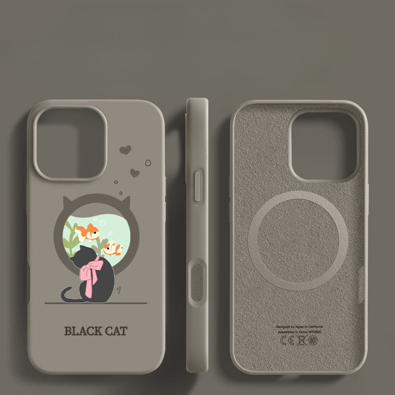 Three views of the iPhone 16 Pro Max Black Cat Case showcase a black cat with a pink bow gazing at fish in a bowl. The words "BLACK CAT" are printed below the illustration. This liquid silicone case provides triple-layer protection and has space for camera lenses.