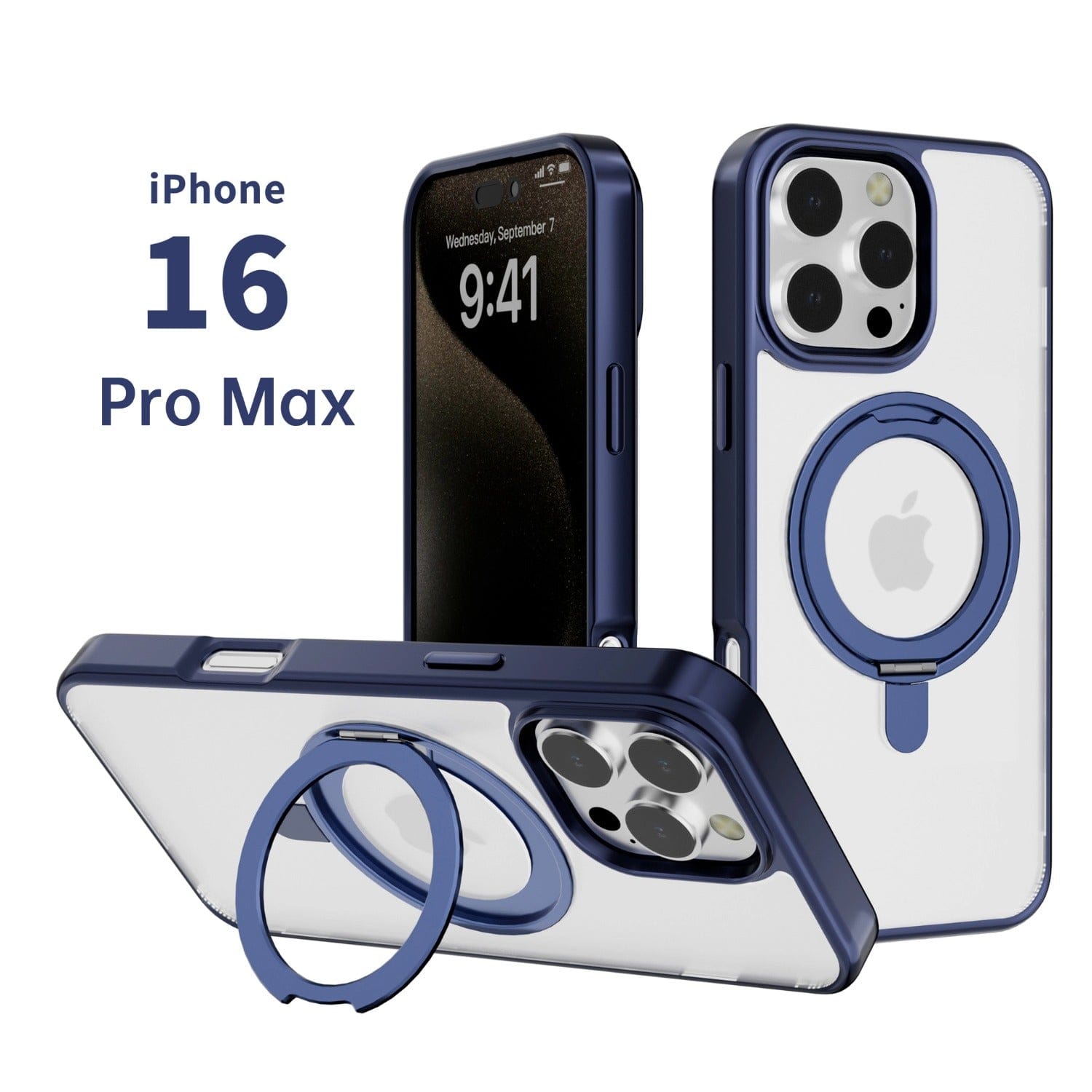 The iPhone 16 Pro Max Case with Ring Holder features a premium protective cover in navy blue and clear, complete with a circular ring stand on the back. It is MagSafe compatible and includes a clear back and metal frame for added durability.