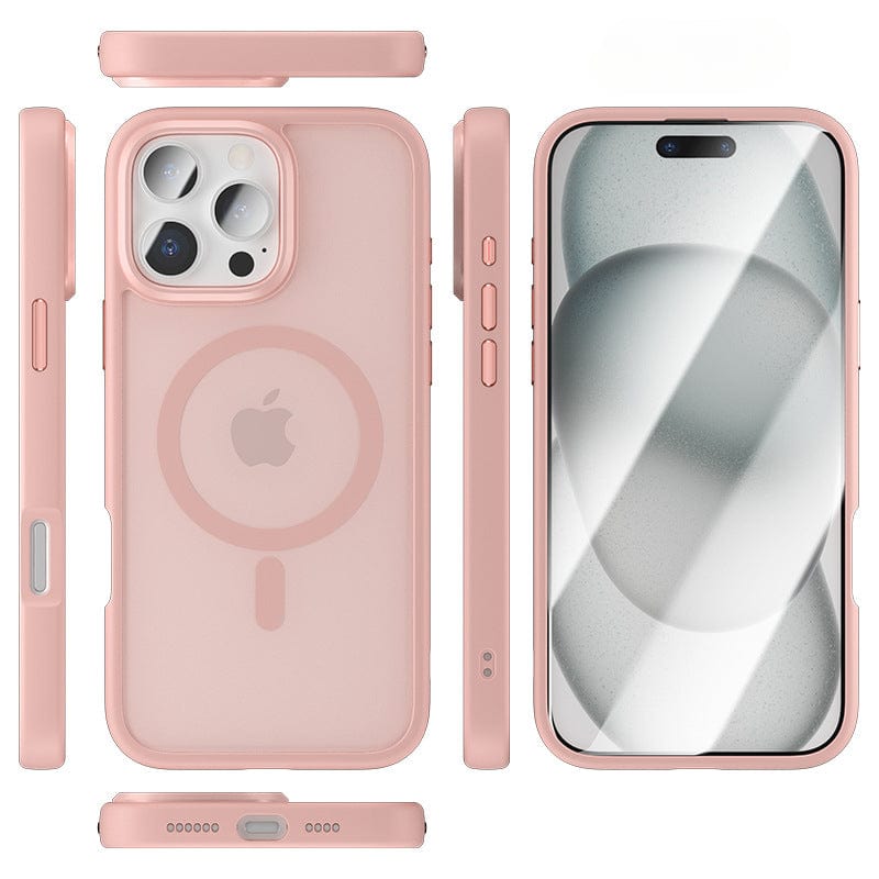 Various views of the Golden Shield iPhone 16 Pro Max MagSafe Case, featuring a sleek aluminum alloy camera frame and the Apple logo, showcasing anti-fingerprint and shockproof protection on the front, back, and sides.