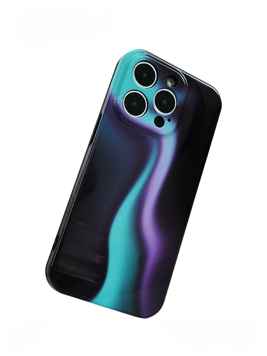 The Northern Lights iPhone 16 Pro Max Case, featuring an Aurora Gradient Design with a sleek and reflective glossy finish, showcases a wavy purple and teal pattern. Displayed against a white background, the case prominently highlights the camera module in the top left corner with three lenses and a flash.