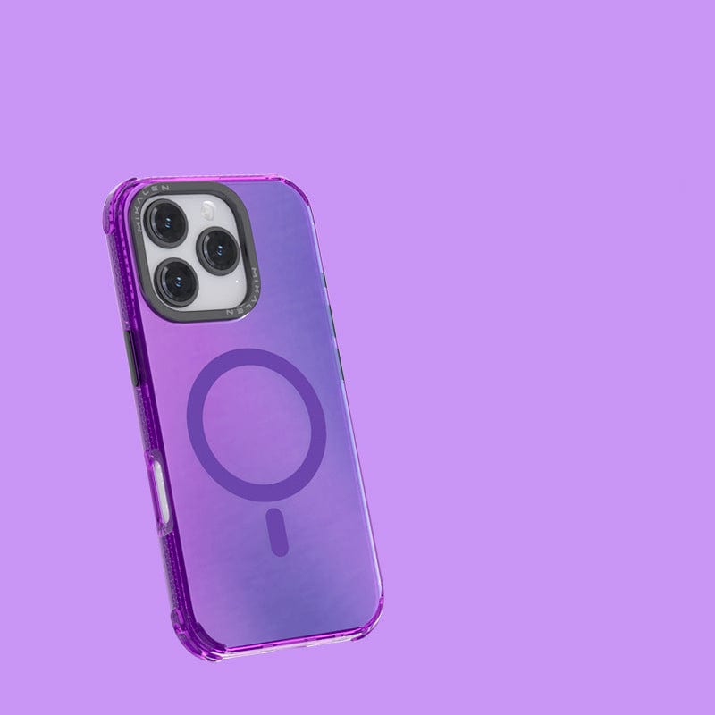 An iPhone 16 Pro Max encased in a translucent purple MagSafe case that features a circular design on the back and raised lens protection, photographed against a solid purple background.