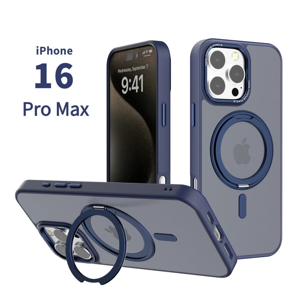 The iPhone 16 Pro Max, showcased with a sleek dark grey and blue matte finish TPU protective case, features a rotating ring holder and MagSafe compatibility, displayed from front and back angles.