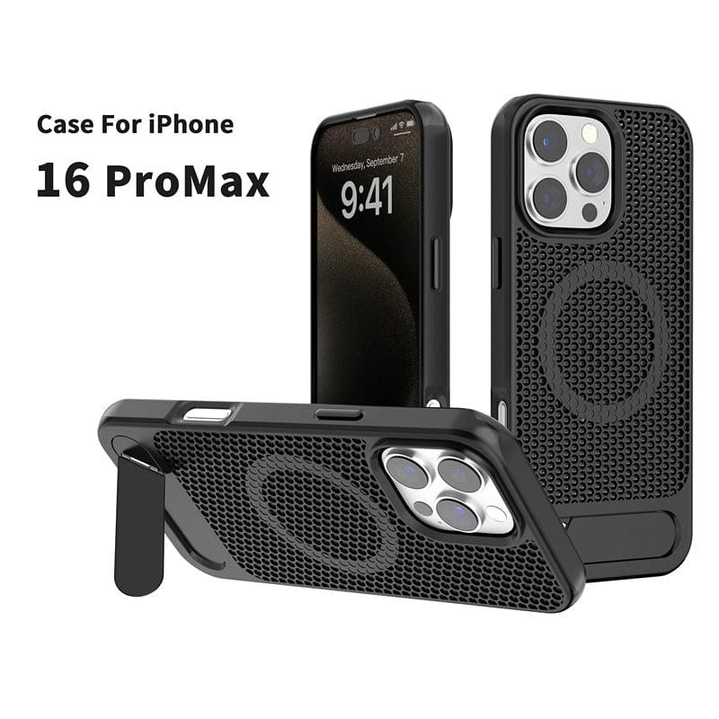 iPhone 16 Pro Max Case with Kickstand in black, featuring a honeycomb heat dissipation design, MagSafe compatibility, and precise camera cutouts. The phone screen displays the time 9:41 on a Wednesday, September 7.