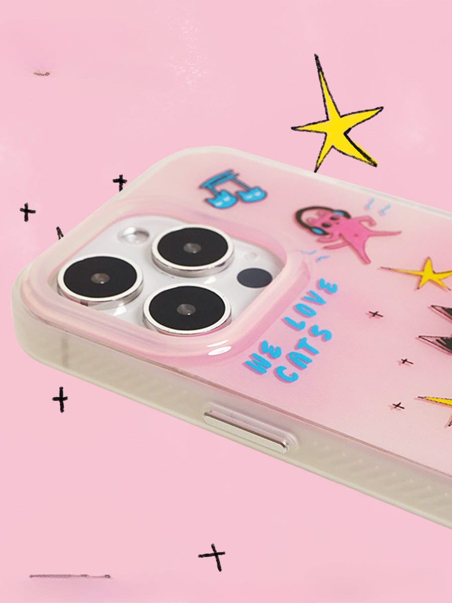 A smartphone with the "We Love Cats iPhone 16 Pro Max Case" in a cute pink cartoon design, featuring whimsical drawings of a cat, stars, and musical notes. The words "We love cats" are prominently displayed on the case against a pink background with additional star and cross illustrations.